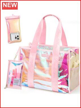 Iridescent Clear Beach Tote with Phone Pouch & Makeup Bag